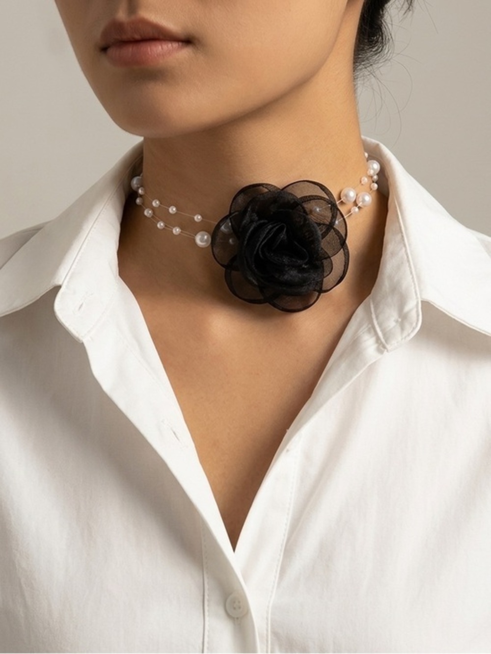 Elegant Sheer Black Rose & Floating Pearl Choker Necklace